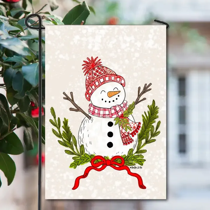 Red Plaid Snowman Garden Flag