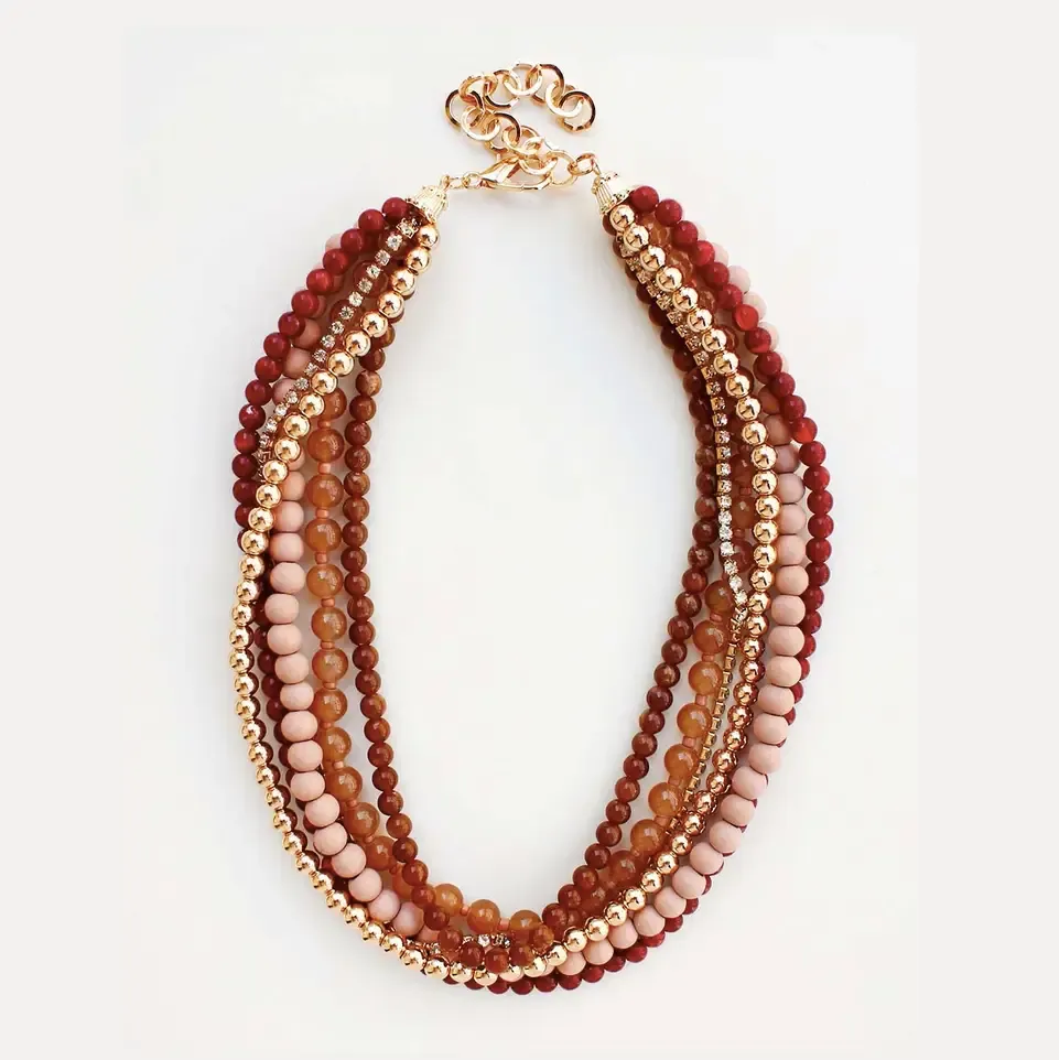 VG Multi Layered Brown Wood &amp; Gold Beaded Necklace