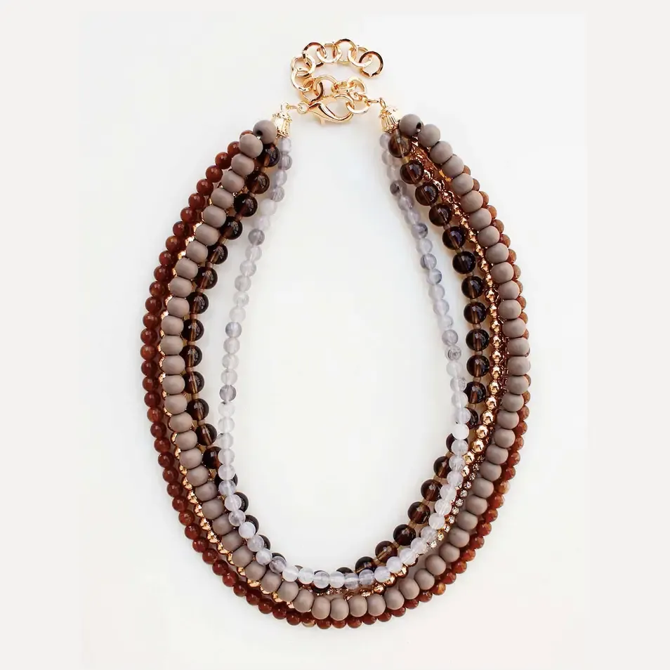 VG Multi Layered Grey Wood and Gold Beaded Necklace