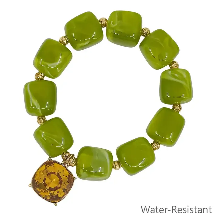 VG 16MM Olive Crystal Square Resin &amp; 18MM Stone Bracelet