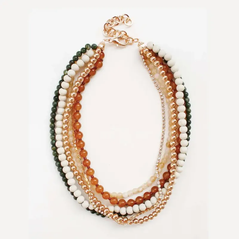 VG Multi Layered Natural/Green Wood and Gold Beaded Necklace