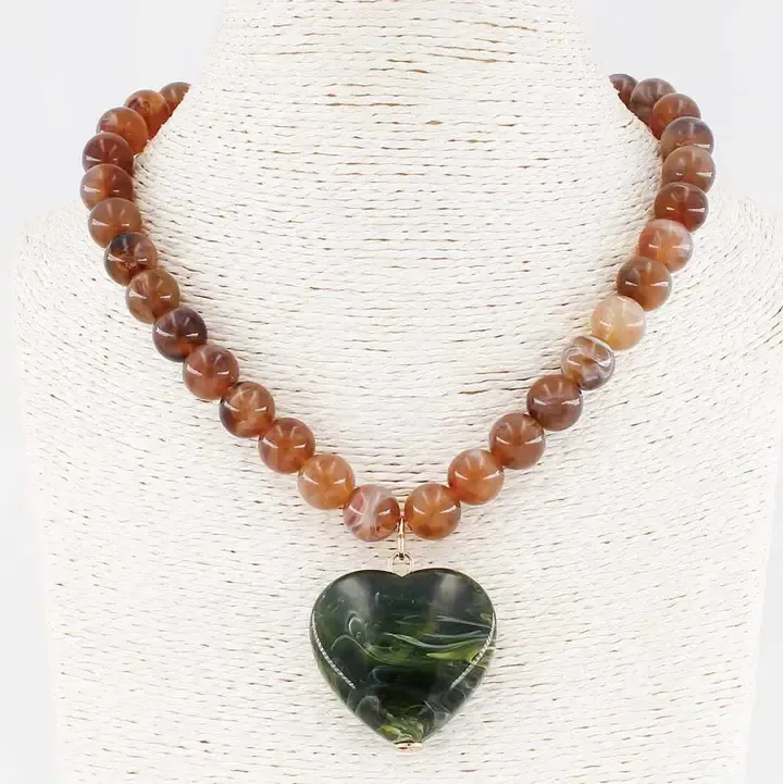 VG Brown Beaded w Green Stone Heart Necklace