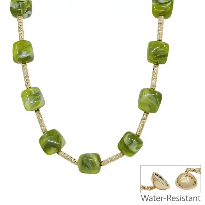 VG 16MM Olive Beaded and Gold Bar Necklace