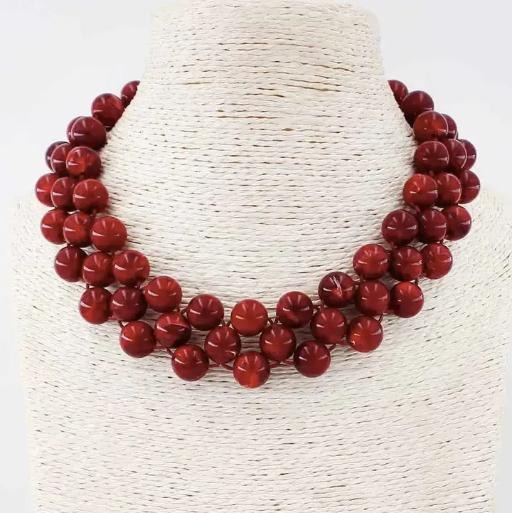 VG Triple Layered Maroon Beaded Chunky Necklace