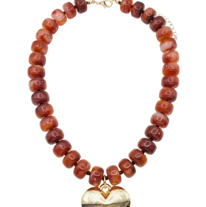VG Brown Chunky Beaded w Gold Heart Charm 16"-18" Necklace
