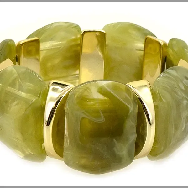 VG Olive Green Acrylic &amp; Gold Bar Stretch Bracelet
