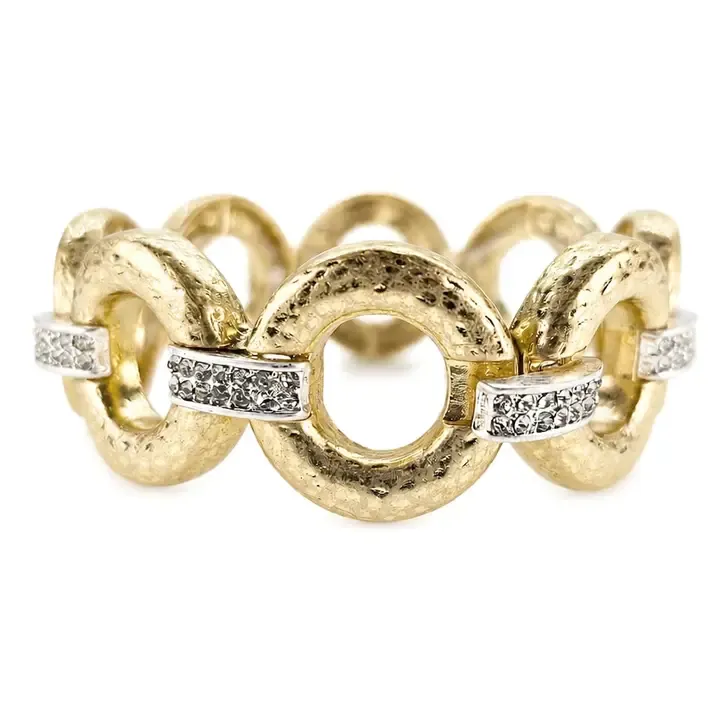 VG Worn Gold Textured Open Circle w Rhinestone Silver Bar