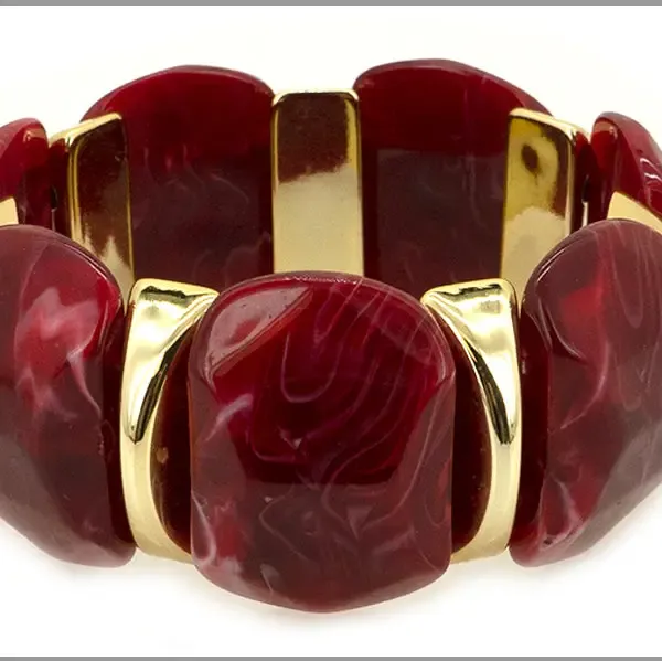 VG Maroon Acrylic &amp; Gold Bar Stretch Bracelet