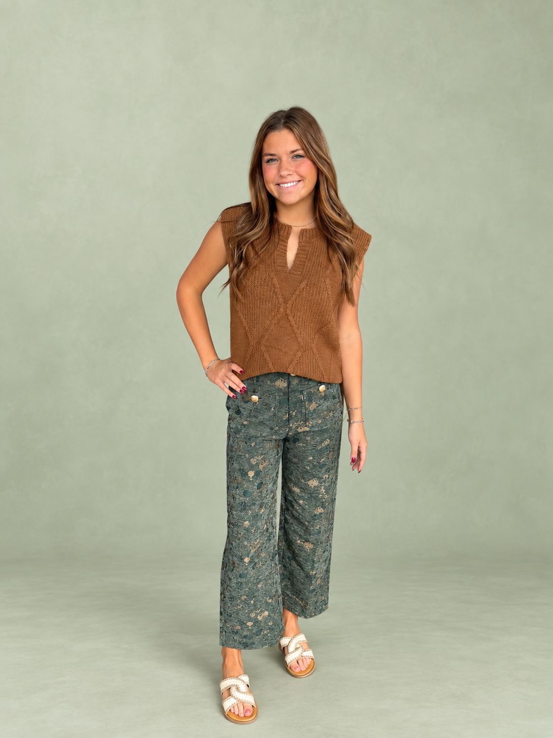 Velvet Jacquard Wide Leg Pant-Olive