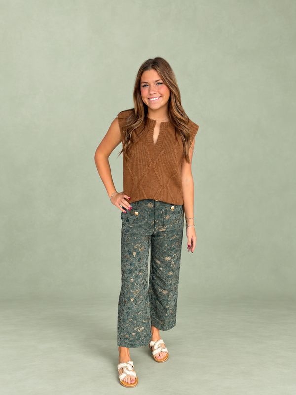 Velvet Jacquard Wide Leg Pant-Olive