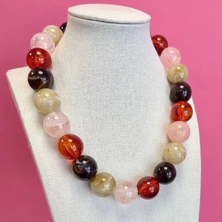 Statement Bead Necklace-Brown &amp; Light Pink