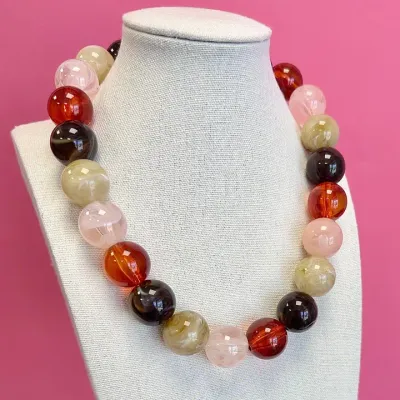Statement Bead Necklace-Brown &amp; Light Pink