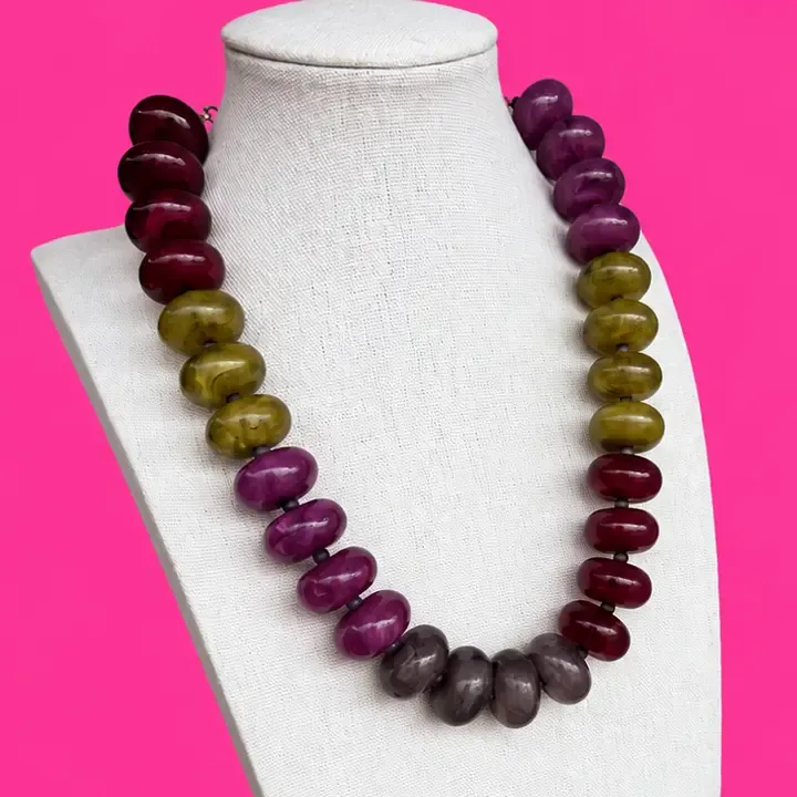 Circle Bead Necklace-Olive, Purple, Grey