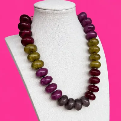 Circle Bead Necklace-Olive, Purple, Grey