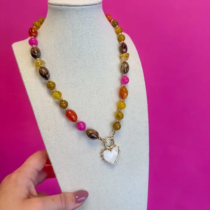Fall Heart Charm Bead Necklace