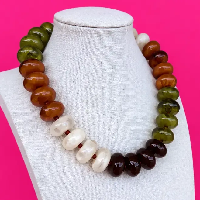 Circle Bead Necklace-Rust, Olive, Bone