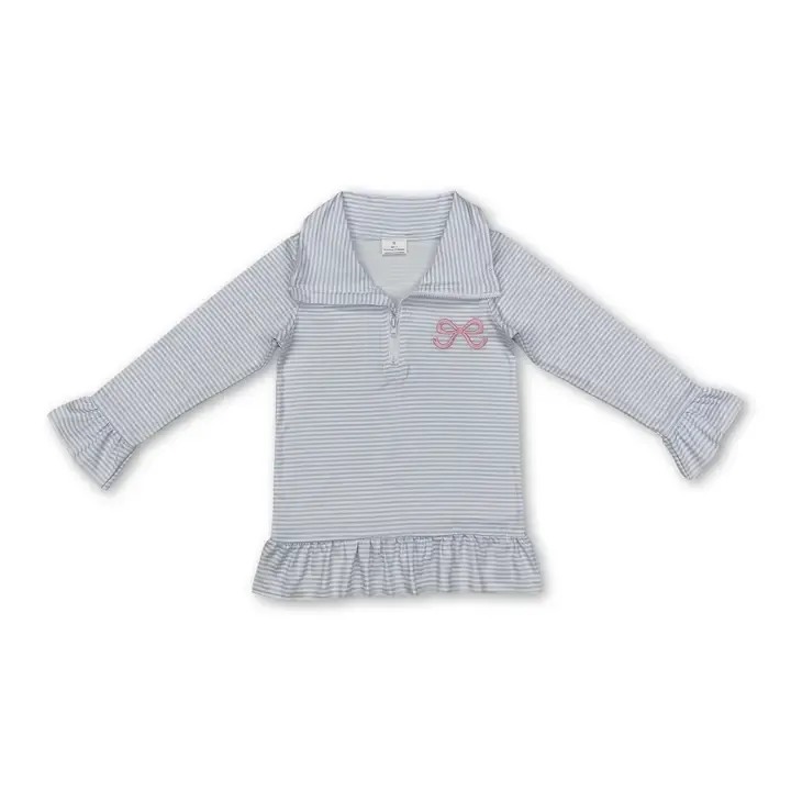 Lt Blue Stripe Bow Zip Pullover