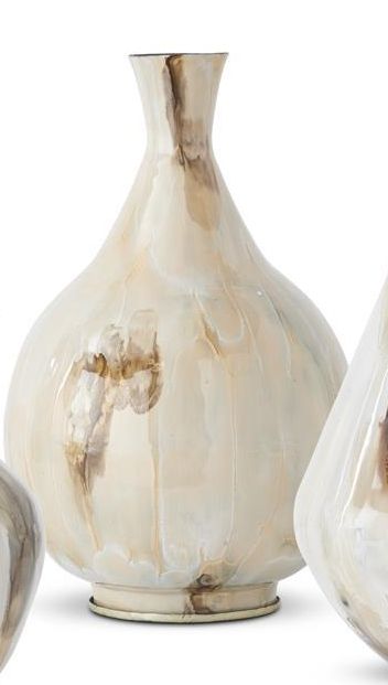 Cream &amp; Brown Enameled Metal Vase 15"