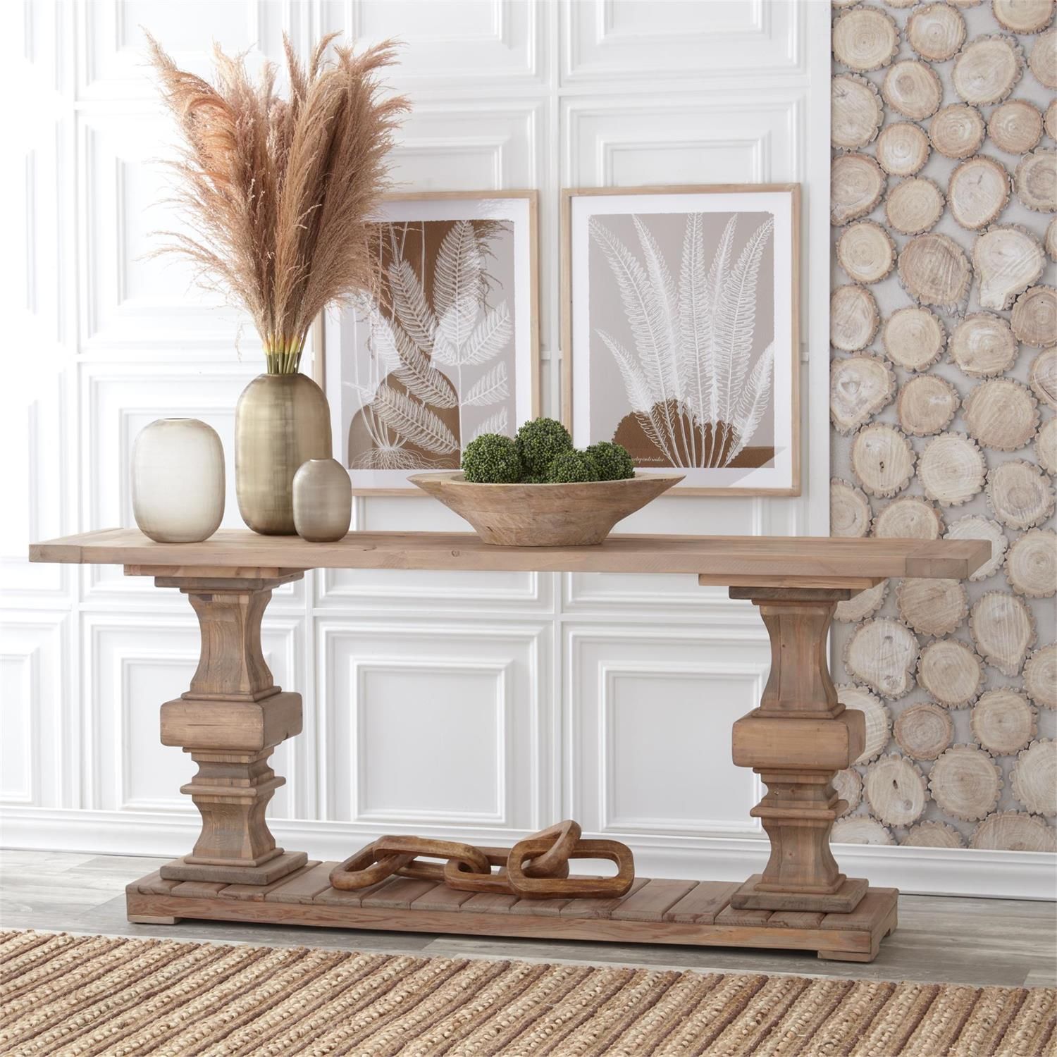Elm Wood Column 2 Shelf Console Table