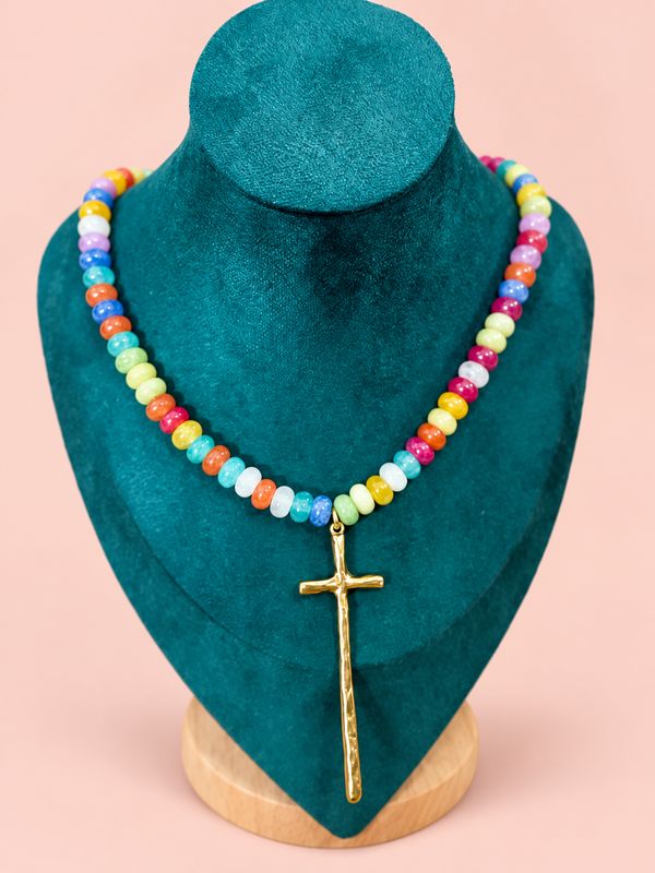 Multi Color Hammered Gold Cross Necklace