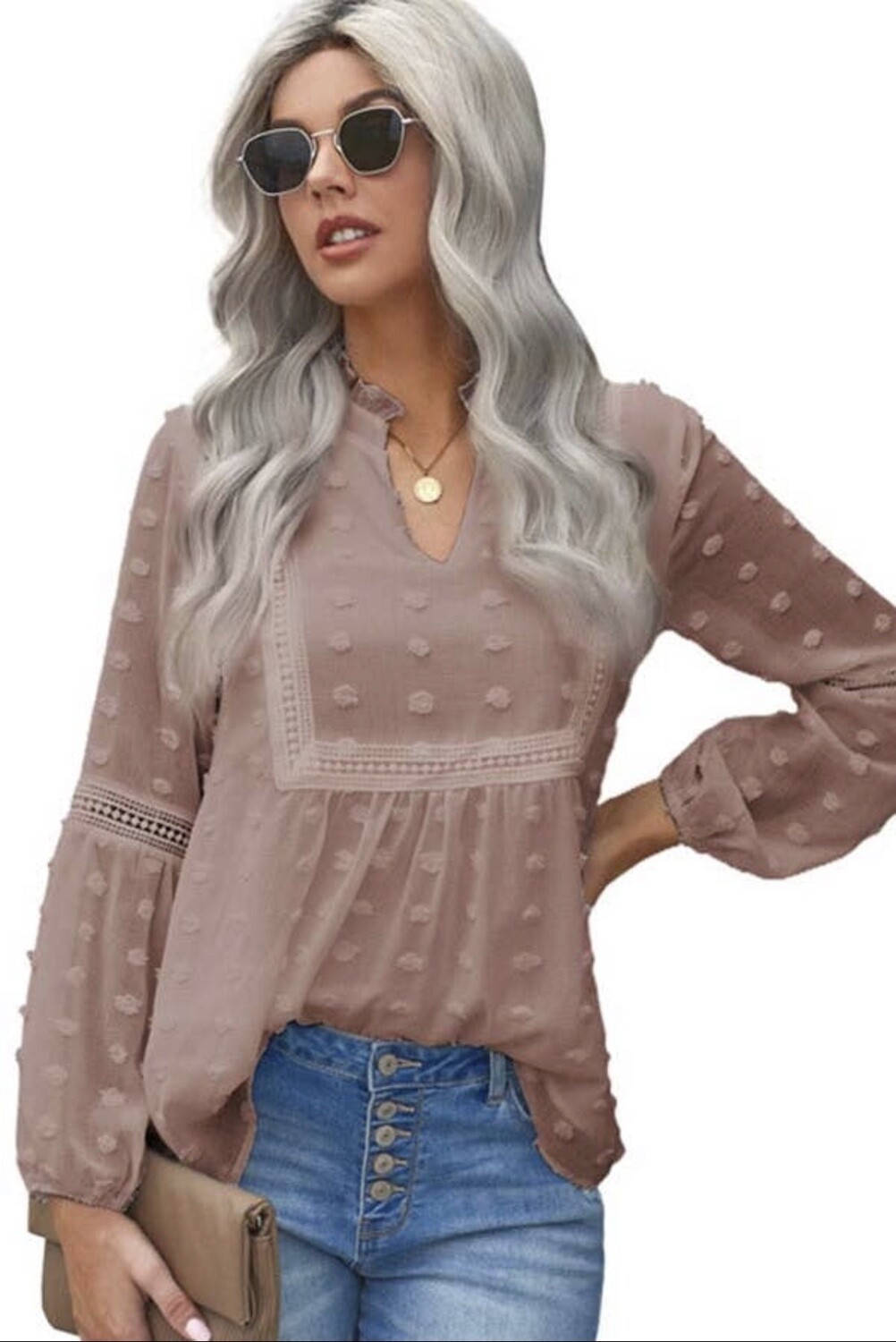 SHEER ROMANCE WHITE SWISS DOT LONG SLEEVE TOP