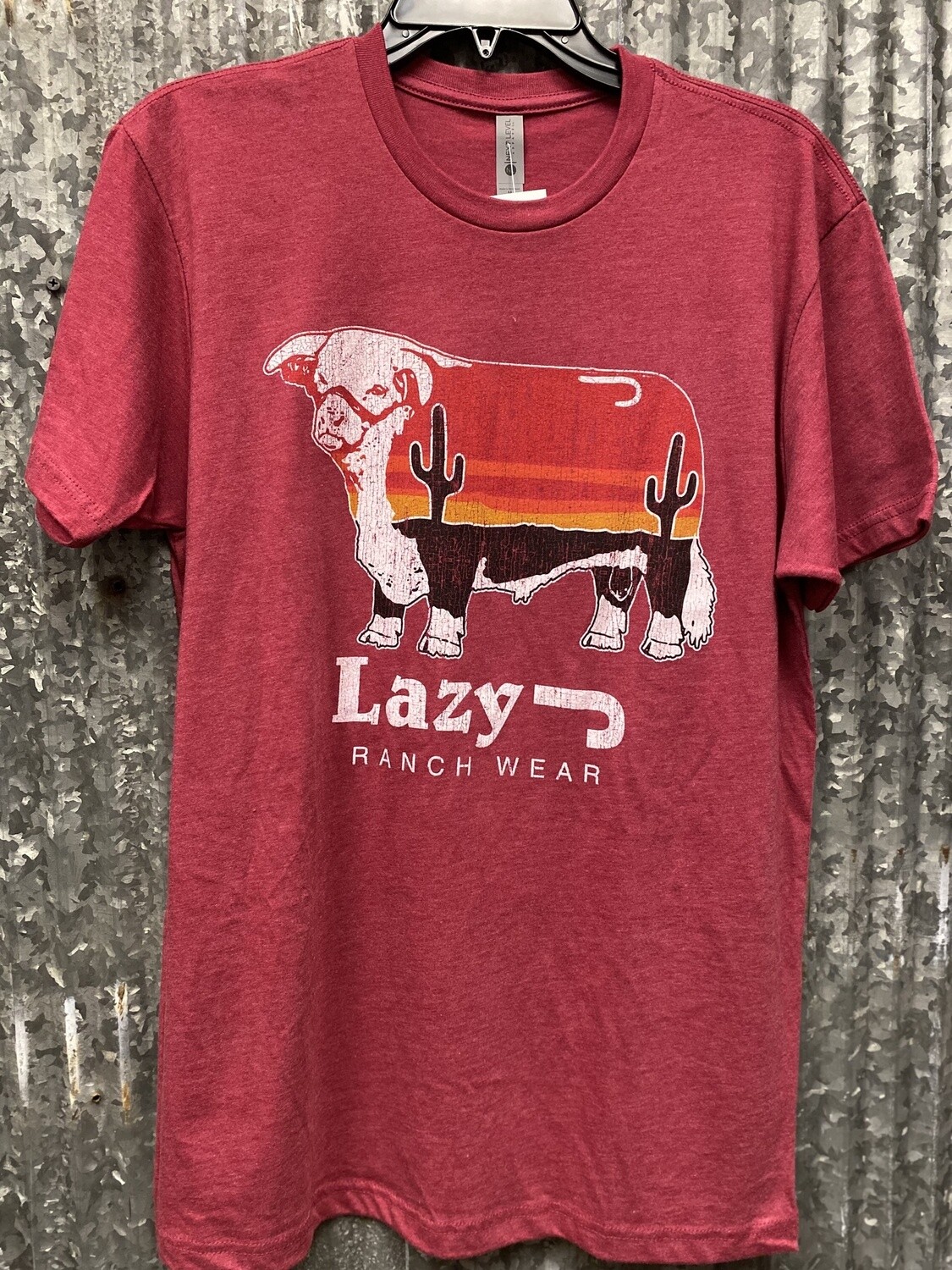 Lazy J Ranch Wear Sunrise Cactus Bull Short Sleeve T-Shirt - Cardinal