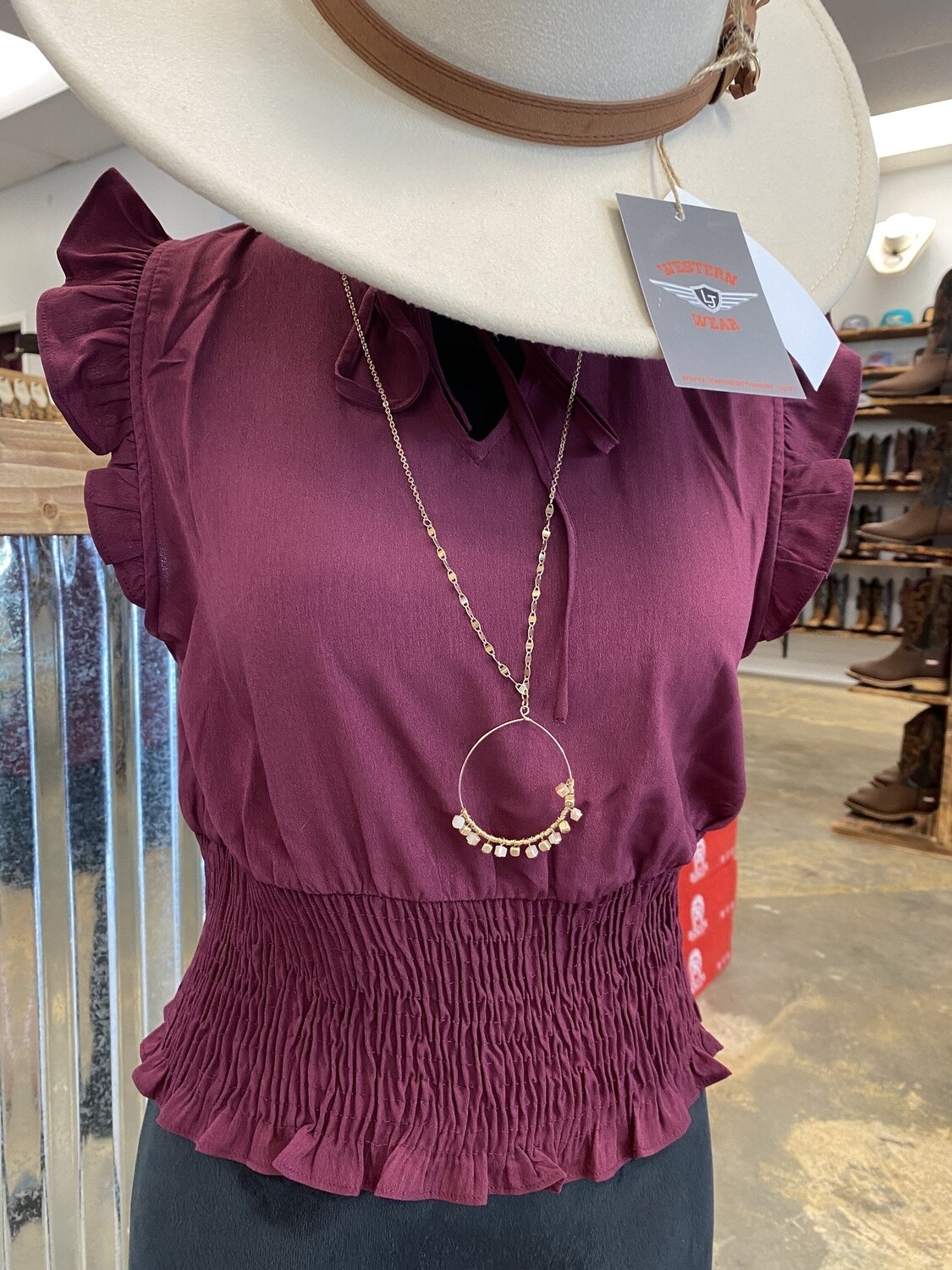 RUFFLE SLEEVE SMOCKED WAIST NECK TIE