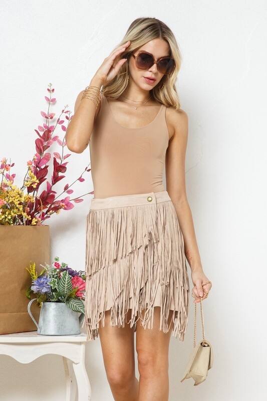 FAUX SUEDE STUDDED FRINGE SKIRT
