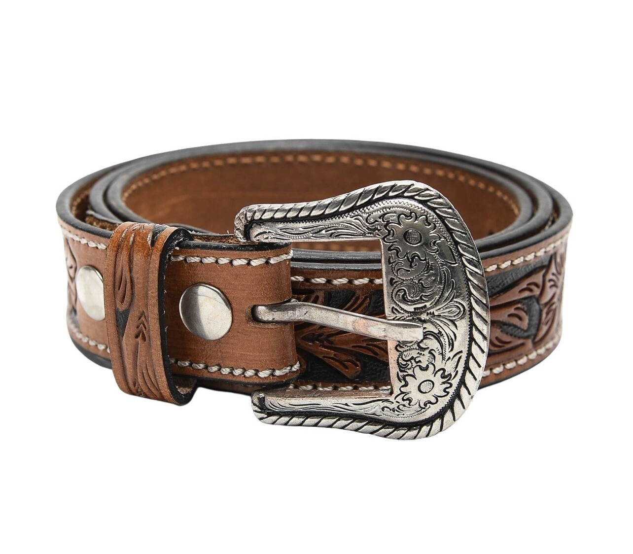 Tooled leather two tone belt