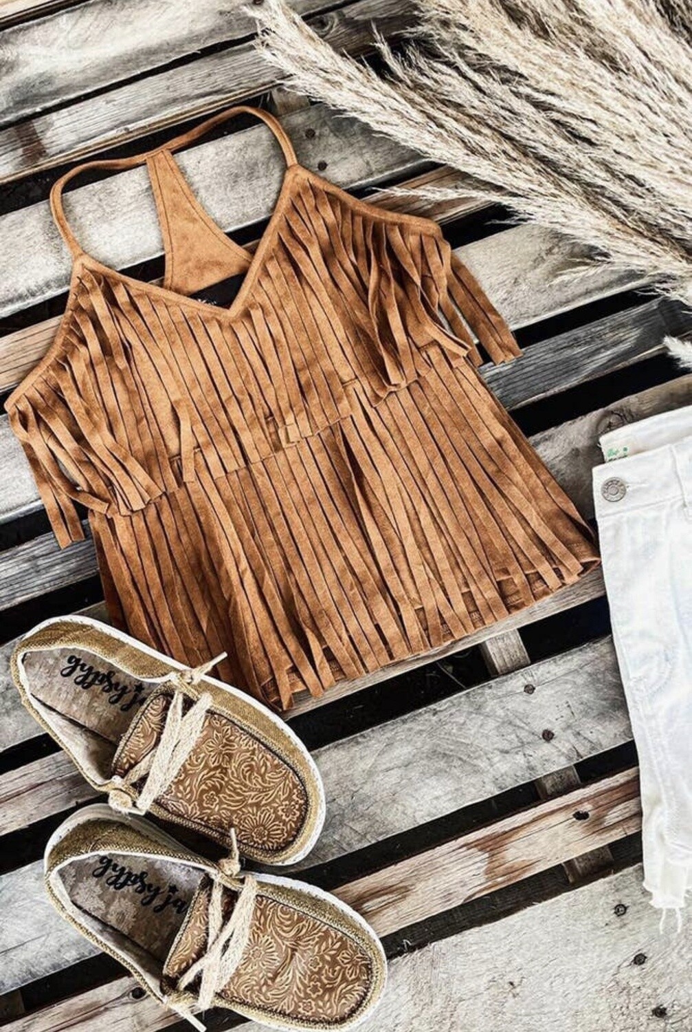 Brown Suede Tassle Cami Top