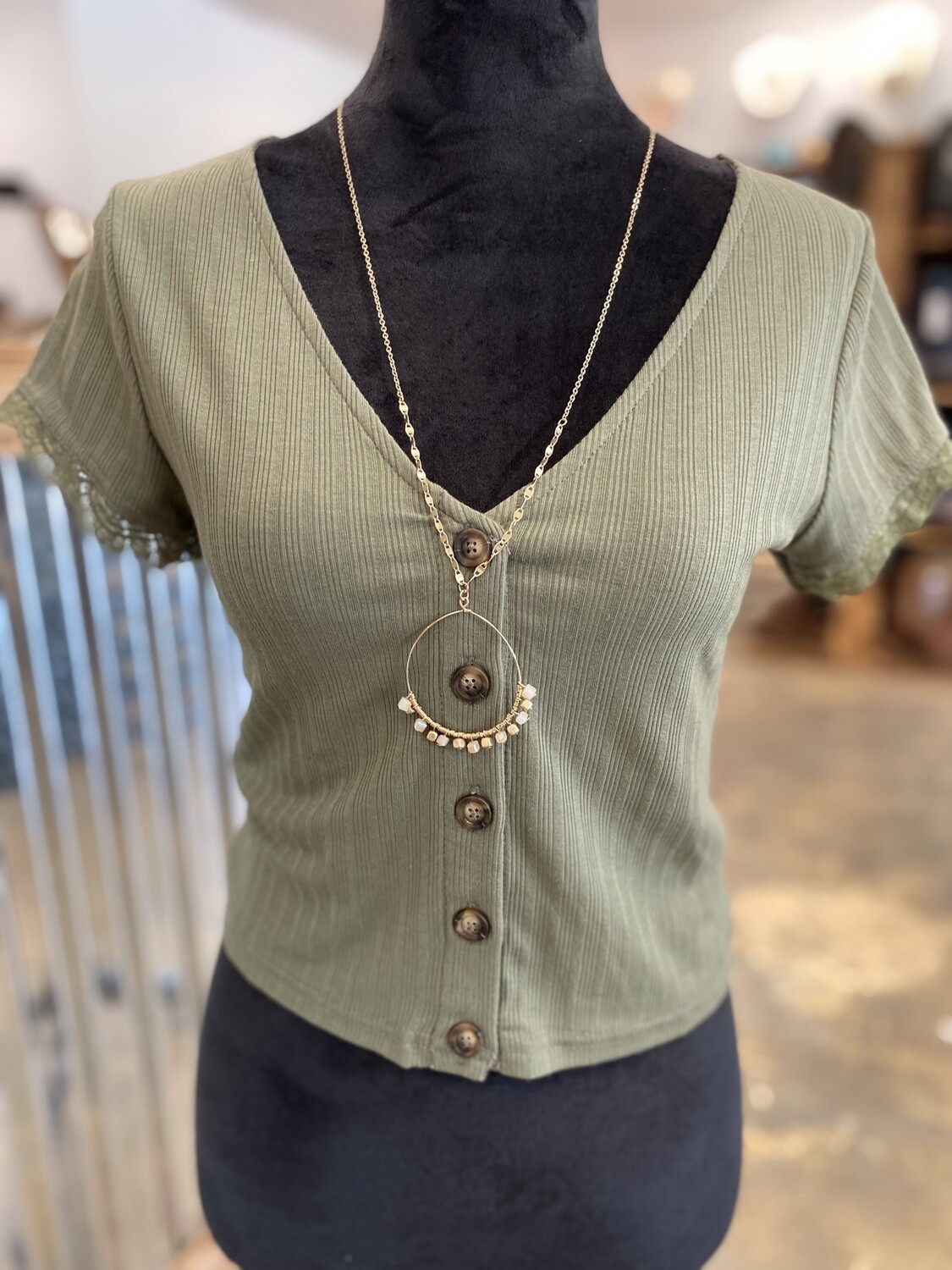 SHORT SLEEVE V-NECK BUTTON DOWN RIB - OLIVE GREEN