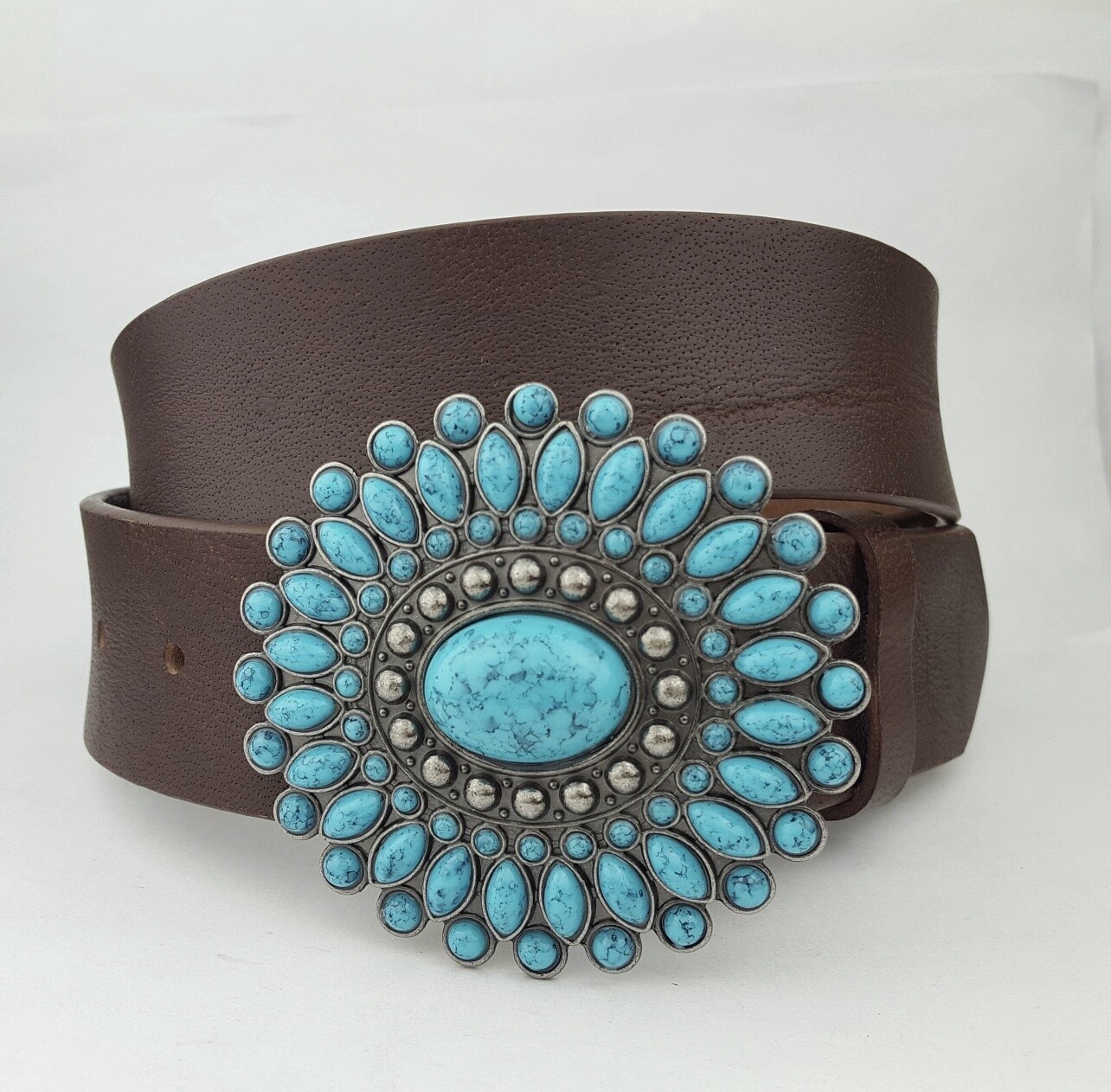 Western turquoise buckle with genuine leather belt