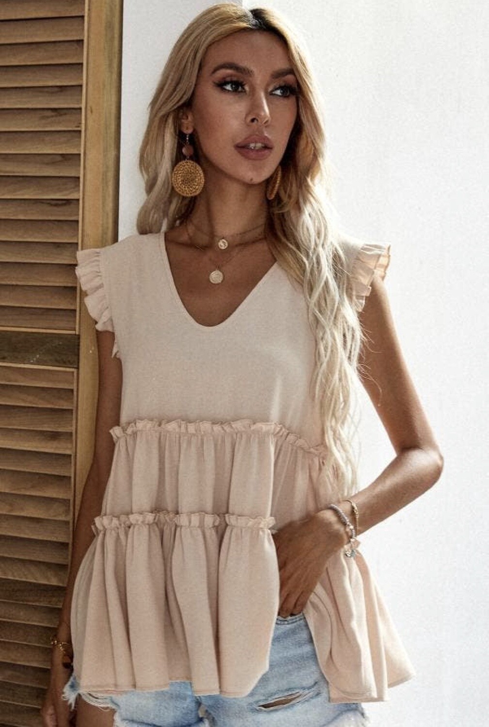 V-NECK BABYDOLL RUFFLED TANK TOP