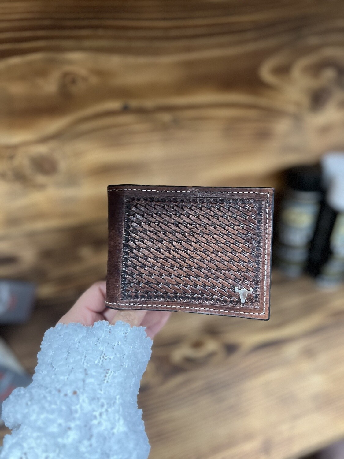 American Bison Tooled Leather Basket Weave Money Clip Wallet