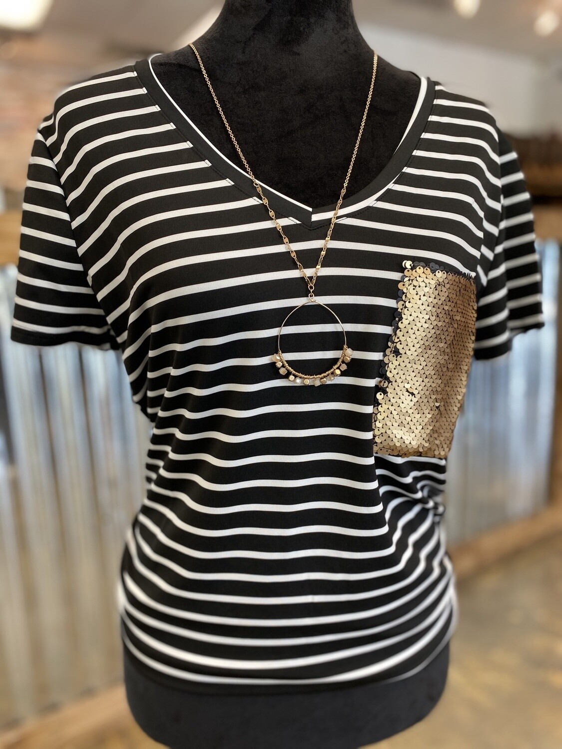 STRIPE POCKET SEQUIN TOP WOMEN