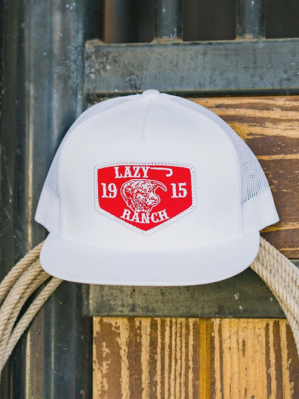 Lazy J Ranch Wear White & White 4" Red Ranch Patch Cap