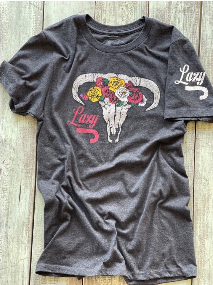 LAZY J RANCH WEAR SKULL & FLOWERS T-SHIRT - GREY