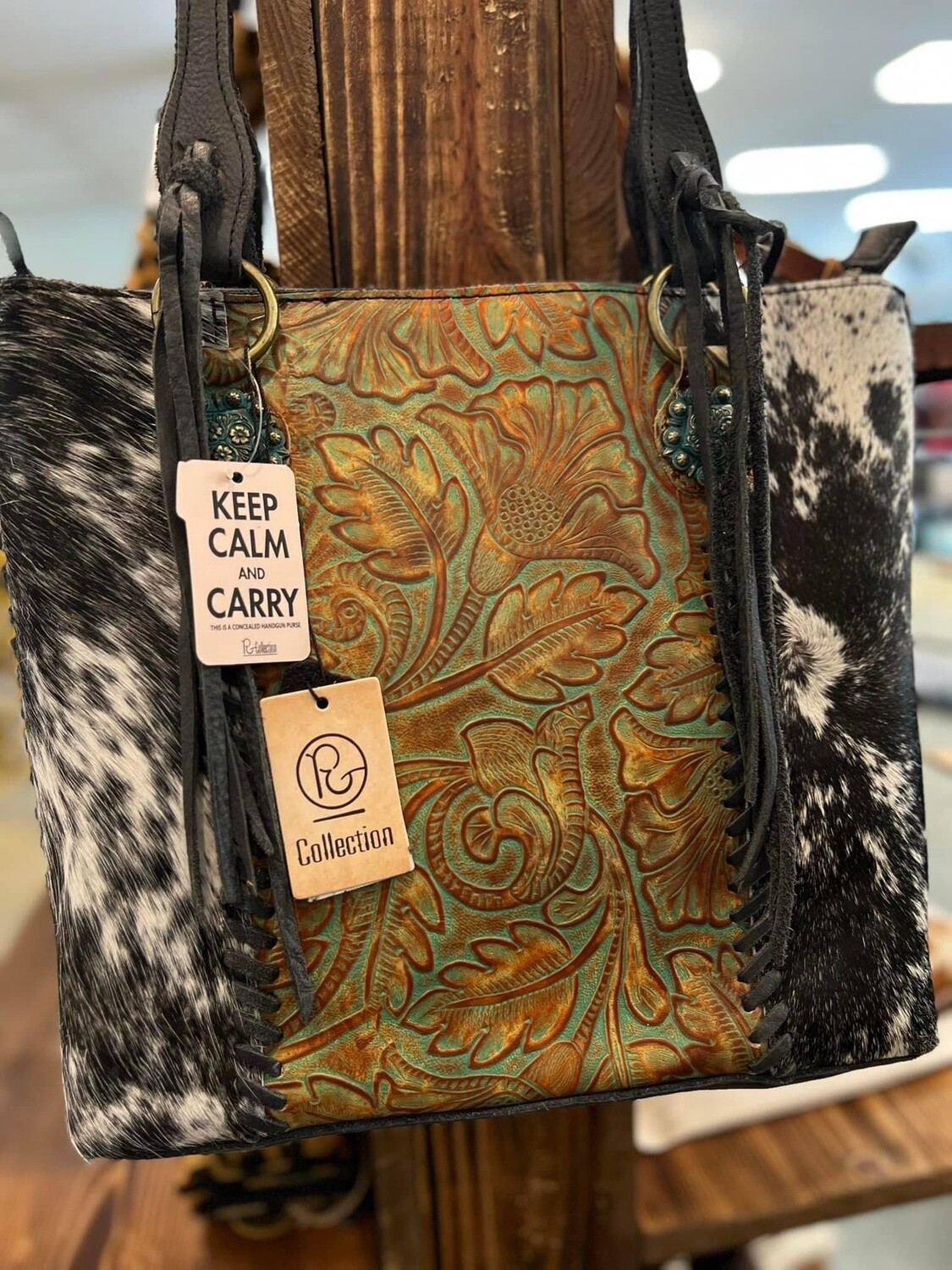 Cowhide Tooled Leather Carry Purse (green)