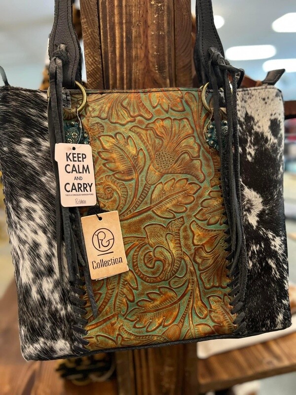 Cowhide Tooled Leather Carry Purse (green)