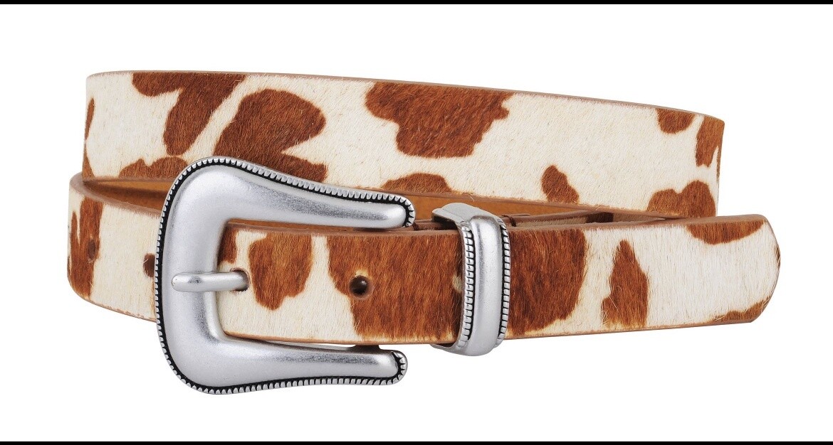 COW PRINT CALF HAIR WESTERN BUCKLE BELT TAN
