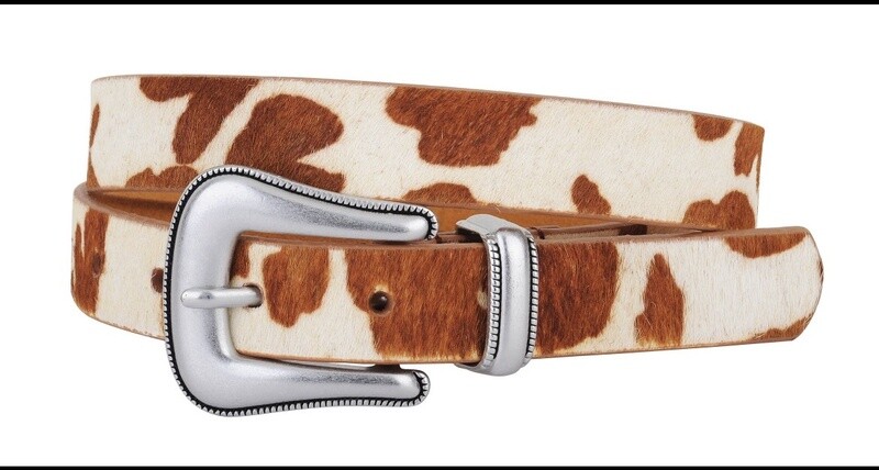 COW PRINT CALF HAIR WESTERN BUCKLE BELT TAN