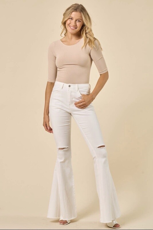 DISTRESSED FLARED DENIM KNEE RIP - WHITE