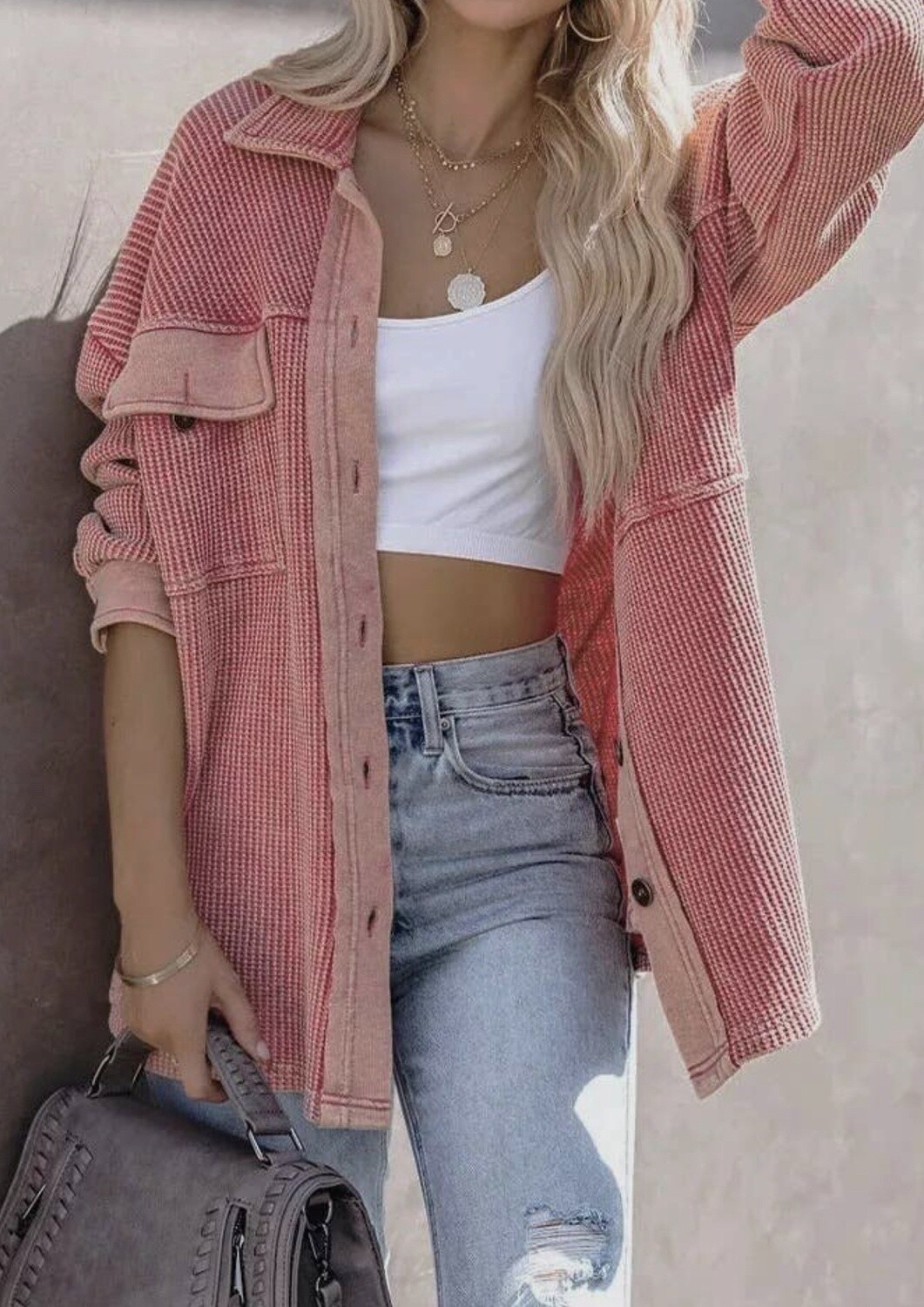 Pink waffle shacket