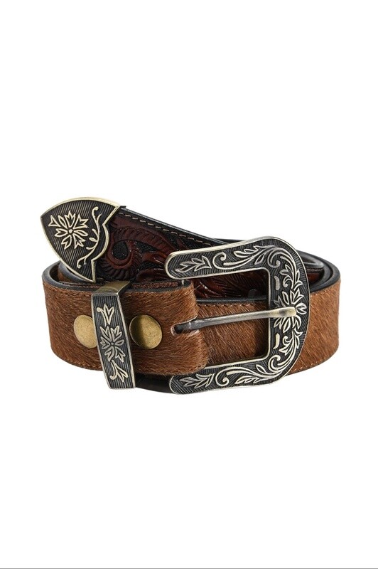 Mixed Media Tooled Leather Belt