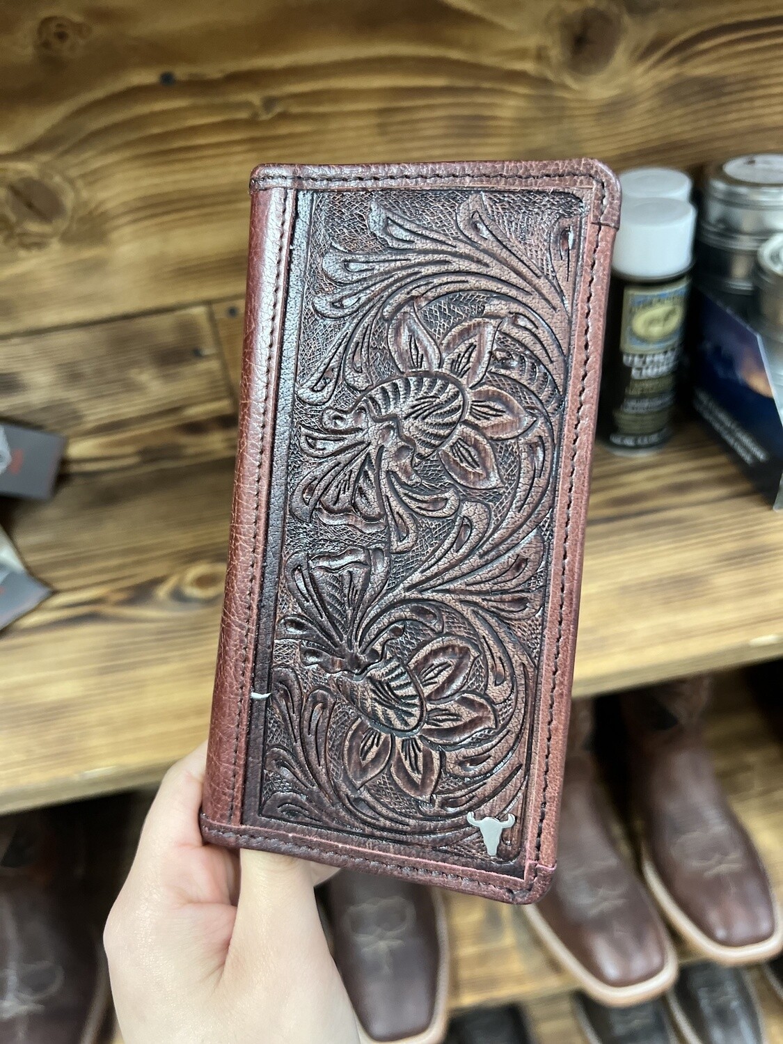 Tooled leather floral filigree western rodeo wallet