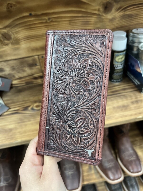 Tooled leather floral filigree western rodeo wallet