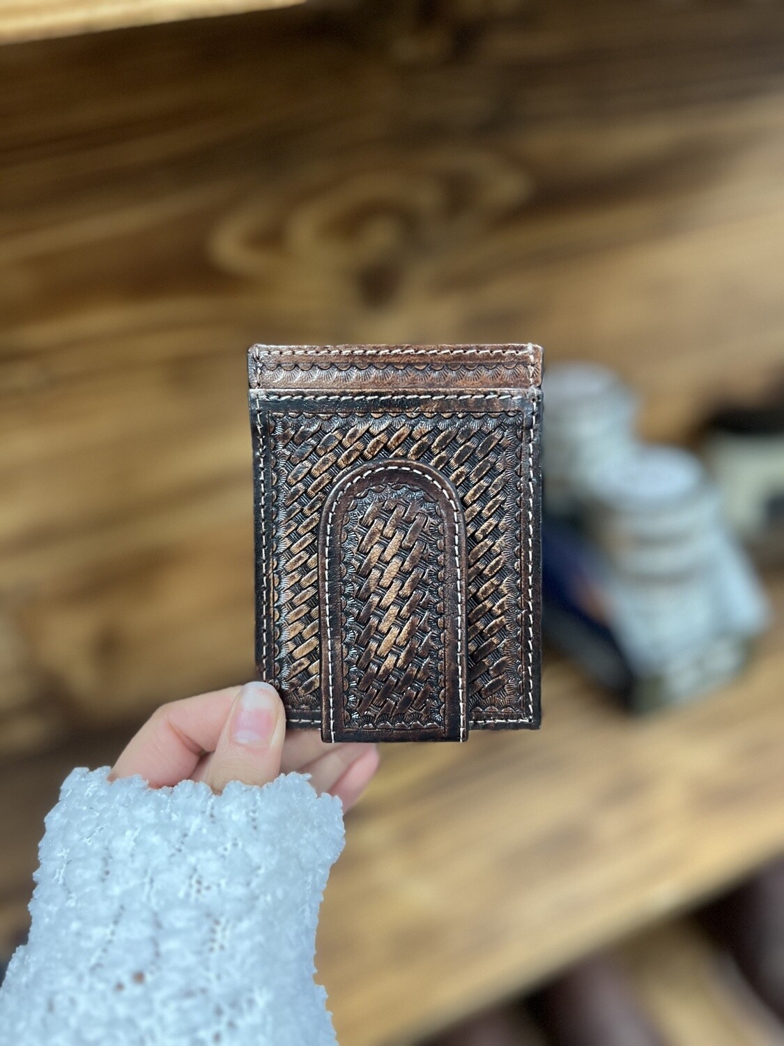 American Bison Tooled Leather Money Clip Card Case