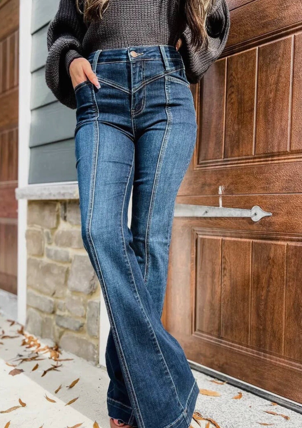 High waist seam stitching pocket flares