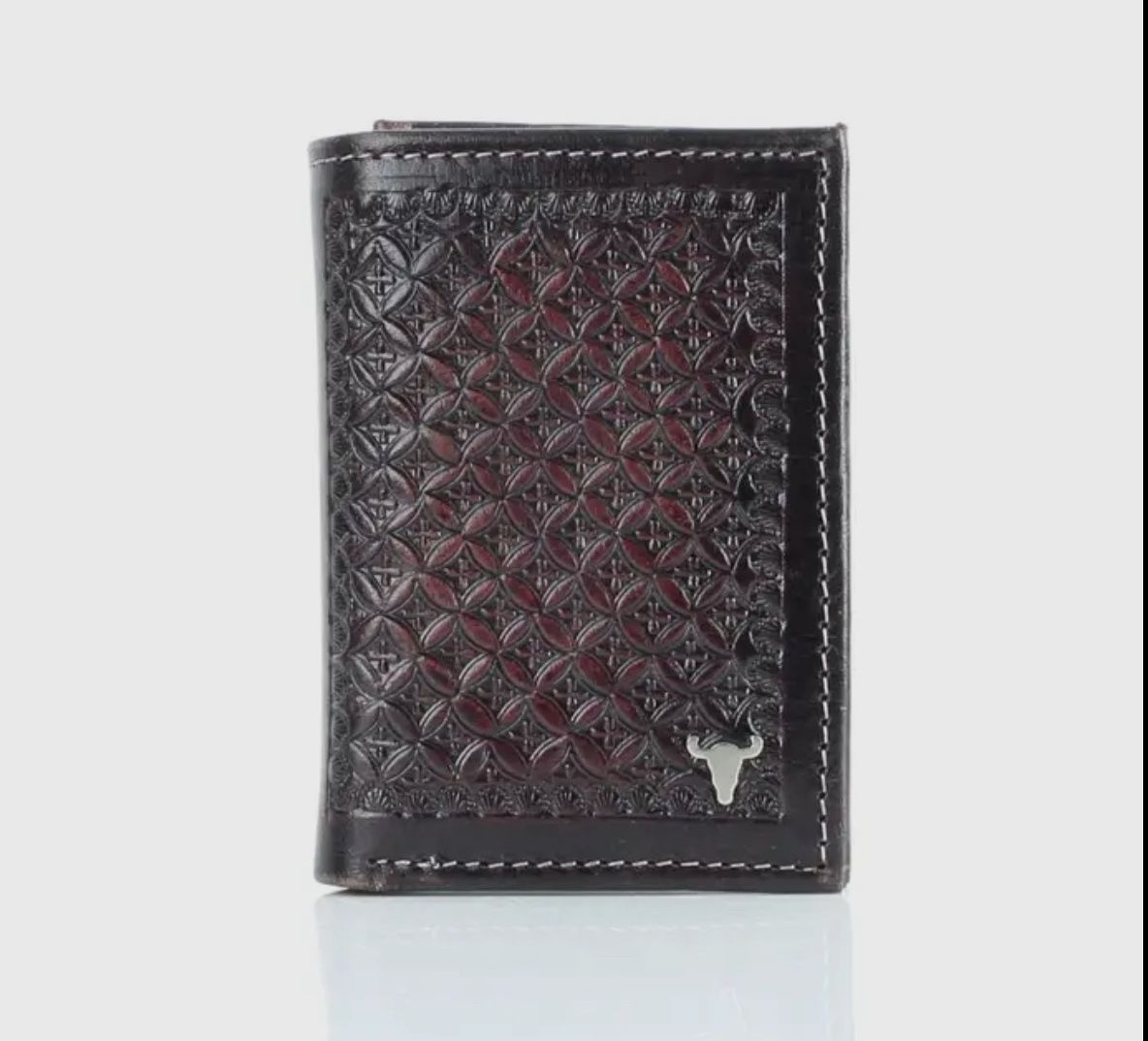 American Bison Tooled Leather Trifold Wallet W/Floral Patter