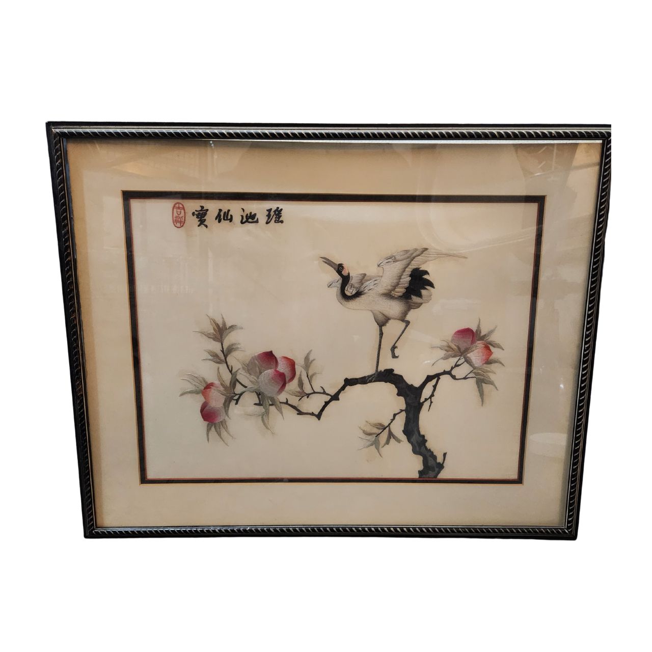 Traditional Chinese Silk Embroidery– Crane with Blossoming Peach Tree